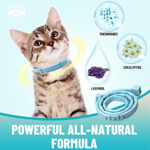 Collier Apaisant pour Chats, Collier Apaisant Réglable pour Chat, Collier Calmant Aux Phéromones pour Chat et Chaton Bleu, Collier Anti-Stress Imperméable à l’eau, à Effet Calmant Naturel et Durable